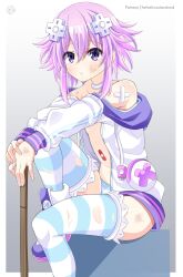 Rule 34 | 1girl, bandaid, bare shoulders, blush, breasts, choker, d-pad, d-pad hair ornament, hair ornament, helvetica std, highres, hood, hooded jacket, jacket, long sleeves, looking at viewer, neptune (neptunia), neptune (series), no bra, open clothes, open jacket, panties, pink hair, purple eyes, short hair, simple background, sitting, small breasts, solo, striped clothes, striped panties, striped thighhighs, thighhighs, torn clothes, underwear, white choker