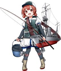 Rule 34 | 1girl, arm warmers, baseball cap, black pantyhose, blue sailor collar, boots, brown eyes, brown hair, bucket, depth charge, dress, fishing line, full body, hair rings, hat, holding, hozuka (kadokawa), kaiboukan no. 4 (kancolle), kantai collection, long hair, looking at viewer, low twintails, machinery, official art, open mouth, pantyhose, rubber boots, sailor collar, sailor dress, sailor hat, smile, solo, standing, teeth, transparent background, twintails, upper teeth only, vest, white dress, white hat