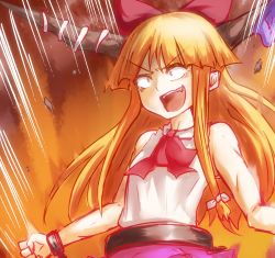 Rule 34 | 1girl, bare shoulders, bow, chain, cuffs, hair bow, horn ornament, horn ribbon, horns, ibuki suika, long hair, open mouth, orange hair, outstretched arms, ribbon, shackles, shirt, sidelocks, sleeveless, sleeveless shirt, smile, solo, takorice, touhou, upper body