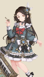 Rule 34 | 1girl, bespin, bow, detached collar, dress, forehead, frilled dress, frills, highres, long hair, long sleeves, original, red bow, solo, swept bangs