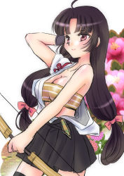 Rule 34 | 10s, 1girl, ahoge, arm behind head, bandeau, black skirt, blush, bow, bow (weapon), breasts, brown hair, cleavage, collarbone, female focus, flower, hair bow, holding, japanese clothes, kantai collection, kisaragi miyuki, large breasts, leaf, long hair, low twintails, miniskirt, pink eyes, pleated skirt, shouhou (kancolle), skirt, smile, solo, strapless, striped, thighhighs, tube top, twintails, weapon, zettai ryouiki