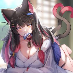 Rule 34 | 1girl, black hair, breasts, cat girl, cat tail, cleavage, fish in mouth, hair ornament, hairpin, huge breasts, long hair, lying, multicolored hair, nekomata, on stomach, red hair, solo, tail, thigh strap, yellow eyes