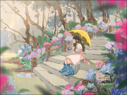 Rule 34 | 1girl, arm support, blurry, boots, brown hair, depth of field, closed eyes, flower, hairband, hydrangea, long hair, masso, original, profile, rain, rubber boots, sitting, sitting on stairs, solo, stairs, tree, umbrella