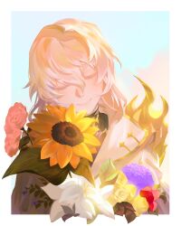 Rule 34 | 1boy, androgynous, armor, bishounen, blue sky, border, bouquet, closed eyes, cloud, day, facing viewer, final fantasy, final fantasy xiv, flower, highres, holding, holding bouquet, leaf, male focus, medium hair, nokto, outdoors, outside border, pauldrons, red flower, red rose, rose, shoulder armor, single pauldron, sky, smile, solo, sunflower, themis (ff14), upper body, white border, white flower, white hair, yellow flower, yellow rose