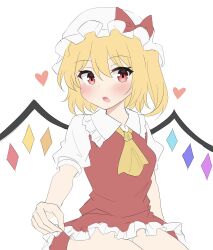 Rule 34 | 1girl, absurdres, arm at side, ascot, blonde hair, blush, bow, commentary, crying, flandre scarlet, frilled shirt collar, frilled skirt, frills, hair between eyes, hat, hat bow, heart, highres, looking at viewer, mob cap, open mouth, red bow, red eyes, red skirt, red vest, shirt, short hair, short sleeves, side ponytail, simple background, sketch, skirt, skirt hold, solo, touhou, tsurime, upper body, vest, white background, white hat, white shirt, wings, yellow ascot, youmu-kun