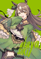 Rule 34 | 1girl, absurdres, akaya shiki, animal ears, artist name, ascot, brown ascot, brown hair, commentary, cowboy shot, dress, ear ornament, frilled sleeves, frills, green background, green dress, half updo, high-low skirt, highres, horse ears, horse girl, long hair, looking at viewer, multicolored hair, revision, satono diamond (umamusume), sleeves past fingers, sleeves past wrists, smile, solo, streaked hair, umamusume