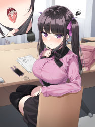 Rule 34 | 1girl, after fellatio, backpack, bag, black hair, breasts, cellphone, chair, classroom, cum, cum in mouth, dress shirt, frilled sleeves, frills, highres, large breasts, long hair, long sleeves, looking at viewer, menbou (menbow3v), multiple views, original, phone, pink shirt, pleated skirt, purple eyes, shirt, sitting, skirt, solo focus, squiggle, thighhighs, twintails