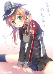 Rule 34 | 10s, 1girl, anchor hair ornament, blonde hair, blue eyes, hair ornament, hat, kantai collection, long hair, long sleeves, looking at viewer, microskirt, military, military uniform, open mouth, peaked cap, prinz eugen (kancolle), riichu, skirt, solo, spread legs, thighhighs, translation request, twintails, twitter username, uniform