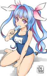 Rule 34 | 10s, 1girl, blue hair, clothes writing, food, hair ornament, hair ribbon, i-19 (kancolle), kantai collection, long hair, mokyutan, one-piece swimsuit, pink eyes, popsicle, ribbon, school swimsuit, sitting, solo, stamp, swimsuit, tri tails, white background, yokozuwari