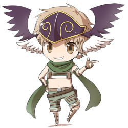 Rule 34 | 1boy, belt, black wings, boots, brown belt, brown eyes, brown footwear, brown gloves, brown hair, camouflage, camouflage shorts, chibi, commentary request, crop top, finger gun, fingerless gloves, full body, gloves, green scarf, green shirt, green shorts, grin, hand on own hip, head wings, looking at viewer, male focus, midriff, natsuya (kuttuki), navel, pouch, ragnarok online, ranger (ragnarok online), scarf, shirt, short hair, shorts, simple background, sleeveless, sleeveless shirt, smile, solo, standing, standing on one leg, visor (armor), white background, white wings, wings