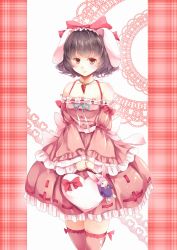 Rule 34 | 1girl, alternate costume, animal ears, bag, bare shoulders, black hair, blush, breasts, brown eyes, carrot, character doll, choker, cowboy shot, detached sleeves, dress, expressionless, floppy ears, frilled dress, frilled sleeves, frills, hair ribbon, handbag, heart-shaped bag, heart pattern, highres, holding, holding bag, inaba tewi, jewelry, kanzakietc, looking at viewer, off-shoulder dress, off shoulder, patterned background, pendant, pillarboxed, pink dress, pink theme, pink thighhighs, plaid, plaid background, rabbit ears, reisen udongein inaba, ribbon, ribbon-trimmed dress, shiny skin, short dress, small breasts, solo, thighhighs, touhou, white background, wide sleeves