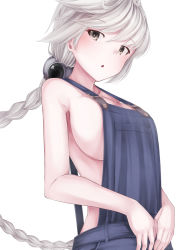 Rule 34 | 10s, 1girl, bad id, bad pixiv id, bare shoulders, braid, breasts, female focus, grey eyes, highres, kantai collection, large breasts, long hair, looking at viewer, naked overalls, open mouth, overalls, rerrere, sideboob, silver hair, simple background, solo, unryuu (kancolle), very long hair