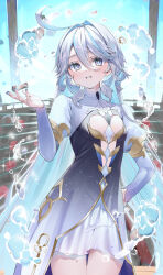 Rule 34 | 1girl, absurdres, ahoge, aqua hair, black dress, blue dress, blue nails, blush, breasts, colored eyelashes, colored inner hair, commentary request, cowboy shot, curly hair, double-parted bangs, dress, eyelashes, furina (genshin impact), genshin impact, grey hair, grin, hair between eyes, hair intakes, hand on own hip, hand up, highres, huge ahoge, juliet sleeves, long hair, long sleeves, looking at viewer, mismatched pupils, multicolored hair, nail polish, omotikaeri, puffy sleeves, sidelocks, small breasts, smile, solo, straight hair, streaked hair, symbol-shaped pupils, thighhighs, two-tone dress, very long hair, water, water drop