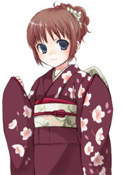 Rule 34 | 1girl, blue eyes, brown hair, floral print, furisode, japanese clothes, kimono, kubyou azami, new year, obi, original, sash, simple background, solo, white background