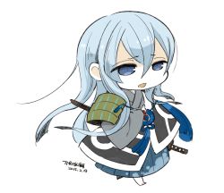 Rule 34 | androgynous, armor, blue eyes, blue hair, character request, chibi, dated, long hair, mota, open mouth, simple background, solo, sword, weapon, white background
