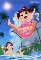 Rule 34 | 2girls, :q, absurdres, arms up, barefoot, bikini, bird, breasts, brown eyes, brown hair, child, cleavage, cloud, day, drink, earrings, feet, food, glasses, head rest, highres, ice cream, inflatable, inflatable raft, jewelry, jumping, kawamoto mariko, kuriyama aiko, lens flare, lying, marui futaba, medium breasts, megami magazine, mitsudomoe, multiple girls, non-web source, official art, on stomach, open mouth, outdoors, outstretched arms, palm tree, polka dot, polka dot bikini, polka dot swimsuit, pool, pool ladder, red eyes, red hair, seagull, shoes, unworn shoes, side-tie bikini bottom, sky, sun, swimsuit, table, toes, tongue, tongue out, tree, water
