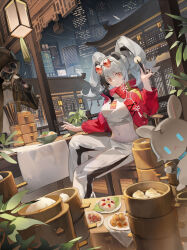 Rule 34 | 1girl, 1other, absurdres, ambiguous gender, animal ears, antennae, architecture, arknights, bamboo steamer, baozi, black coat, black gloves, black hair, building, chair, chinese commentary, chopsticks, city, coat, commentary request, crop top, doctor (arknights), dumpling, east asian architecture, eyewear on head, feater (arknights), feater (gourmet) (arknights), food, food stand, gloves, grey hair, hair between eyes, highres, holding, holding chopsticks, hood, hood up, hooded coat, jacket, lantern, leaf, long sleeves, looking at viewer, mask, midriff, multicolored hair, navel, noodles, official alternate costume, open clothes, open jacket, orange eyes, panda ears, panda girl, pants, paper lantern, railing, ramen, red jacket, shirt, sitting, skyscraper, smile, streaked hair, stuffed animal, stuffed rabbit, stuffed toy, table, tassel, tinted eyewear, white pants, white shirt, yijiemofang
