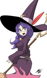 Rule 34 | 10s, 1girl, ass, bigdead, blue hair, breasts, broom, female focus, glasses, hat, huge ass, large breasts, little witch academia, looking at viewer, looking back, open mouth, red eyes, solo, sweatdrop, tagme, ursula callistis, wide hips, witch, witch hat