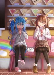 Rule 34 | 2girls, :d, :t, ^^^, ashida machi, bag, bench, black legwear, blue eyes, blue hair, blue shorts, blush, boots, bow, brown footwear, brown hair, brown skirt, closed eyes, closed mouth, commentary request, crepe, cross-laced footwear, day, denim, denim shorts, drawstring, eating, facing another, food, fruit, grey hoodie, gurande (g-size), gusset, hair between eyes, hair bobbles, hair ornament, handbag, highres, hood, hood down, hoodie, kiwi (fruit), kiwi slice, knees together feet apart, lace-up boots, pantyhose under shorts, long hair, long sleeves, looking at viewer, multiple girls, ooashi ran, open mouth, original, outdoors, panties, panties under pantyhose, pantyhose, park bench, pink bow, pink footwear, plaid, plaid skirt, rainbow, shoes, short shorts, shorts, side ponytail, sitting, skirt, sleeves past wrists, smile, star (symbol), star hair ornament, strawberry, suspender skirt, suspenders, sweat, sweater, underwear, v-shaped eyebrows, very long hair, wavy mouth, white sweater