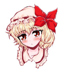 Rule 34 | 1girl, blonde hair, blush, closed mouth, collarbone, cropped head, flandre scarlet, frilled shirt collar, frills, hat, hat ribbon, head tilt, looking at viewer, medium hair, mob cap, red eyes, red ribbon, ribbon, ribbon-trimmed headwear, ribbon trim, ryuuichi (enmanga), simple background, solo, touhou, white background, white hat