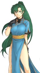 Rule 34 | 1girl, absurdres, black gloves, blue dress, commentary, dress, earrings, feet out of frame, fingerless gloves, fire emblem, fire emblem: the blazing blade, gloves, green eyes, green hair, hair between eyes, hand up, highres, jewelry, long hair, looking at viewer, lyn (fire emblem), nintendo, pelvic curtain, ponytail, sash, short sleeves, smile, solo, standing, thighs, transparent background, tridisart, very long hair, yellow sash
