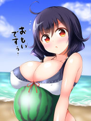 Rule 34 | 10s, 1girl, :o, ahoge, beach, black hair, blush, breasts, cleavage, cloud, cloudy sky, day, deego (omochi bazooka), flying sweatdrops, food, fruit, highres, kantai collection, large breasts, long hair, outdoors, parted lips, red eyes, sand, sky, solo, sweatdrop, taigei (kancolle), translated, watermelon