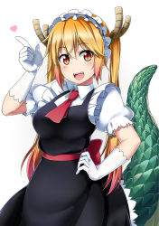 Rule 34 | 10s, 1girl, blonde hair, blush, breasts, cowboy shot, dragon girl, dragon horns, dragon tail, dress, gloves, hand on own hip, heart, horns, kobayashi-san chi no maidragon, large breasts, long hair, looking at viewer, maid, maid headdress, necktie, open mouth, red eyes, red necktie, sash, scales, shiimai, short sleeves, simple background, slit pupils, solo, standing, tail, tohru (maidragon), twintails, white background, white gloves