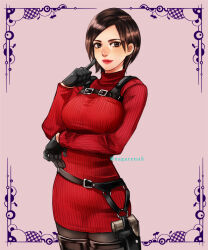 Rule 34 | 1girl, ada wong, artist name, black gloves, black pantyhose, blush, border, breasts, brown eyes, brown hair, closed mouth, cowboy shot, dress, finger to cheek, gloves, gun, holster, large breasts, lipstick, long sleeves, looking at viewer, makeup, nagare, pantyhose, pink background, red dress, red lips, red sweater, resident evil, simple background, smile, solo, sweater, sweater dress, thigh strap, twitter username, weapon