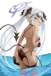 Rule 34 | 1girl, absurdres, ass, bikini, black bikini, black gloves, black ribbon, blue archive, covering privates, covering breasts, dark-skinned female, dark skin, from behind, gloves, hair ribbon, highres, iori (blue archive), iori (swimsuit) (blue archive), laudayon, long hair, looking at viewer, looking back, partially submerged, pointy ears, red eyes, ribbon, simple background, solo, sunglasses, swimsuit, tail, twintails, water, white background, white hair