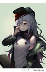 Rule 34 | 1girl, bandana, blush, brown eyes, character name, copyright name, flat cap, g11 (girls&#039; frontline), girls&#039; frontline, gradient hair, grey hair, hair between eyes, hat, highres, jacket, letterboxed, long hair, mmlyno, multicolored hair, open clothes, open jacket, parted lips, purple hair, rubbing eyes, sidelocks, solo, tank top, twitter username, upper body, wavy hair