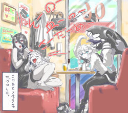 Rule 34 | 10s, 5girls, abyssal ship, airfield princess, ankle boots, barefoot, battleship princess, black dress, black footwear, black hair, booth seating, boots, closed eyes, dress, eating, feet, food, french fries, green eyes, hand on head, head rest, high heel boots, high heels, horns, kadokawa games, kantai collection, karaoke, long hair, meme, microphone, monster, multiple girls, music, mutsu (kancolle), nagato (kancolle), pale skin, shoes, short dress, singing, sitting, skin-covered horns, soles, table, tentacles, they had lots of sex afterwards (meme), toes, tongue, torichamaru, unworn boots, unworn shoes, white footwear, white hair, wo-class aircraft carrier