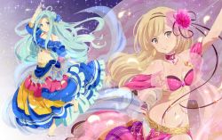 Rule 34 | 2girls, ahoge, arm up, black ribbon, blonde hair, blue hair, blue nails, blue skirt, bra, breasts, character request, cleavage, collarbone, dancer, dancing, floating hair, flower, granblue fantasy, groin, hair bun, hair flower, hair ornament, hair ribbon, highres, layered skirt, long hair, long skirt, lyria (granblue fantasy), medium breasts, midriff, multiple girls, nail polish, navel, outstretched arms, pink bra, pink flower, pochi-a, red flower, ribbon, sash, single hair bun, skirt, small breasts, stomach, toenail polish, toenails, underwear, very long hair