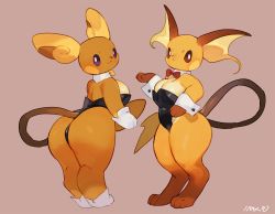 Rule 34 | 2girls, :&lt;, :3, alolan form, alolan raichu, animal ears, animal hands, artist name, ass, bare shoulders, barefoot, bebebe, black leotard, blush, blush stickers, bow, bowtie, breasts, brown background, brown sclera, cleavage, closed mouth, colored sclera, creatures (company), detached collar, female focus, full body, furry, furry female, game freak, gen 1 pokemon, gen 7 pokemon, gloves, hand on own hip, hand up, happy, highres, huge ass, kneepits, large breasts, legs together, leotard, looking back, looking to the side, multiple girls, nintendo, no humans, nose blush, playboy bunny, pokemon, pokemon (creature), purple sclera, raichu, red neckwear, signature, simple background, smile, socks, standing, strapless, strapless leotard, tail, thick thighs, thighs, white eyes, white gloves, white legwear, wrist cuffs, yellow neckwear