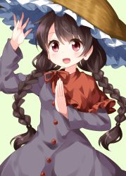 Rule 34 | 1girl, :d, ajirogasa, arm up, black hair, blush, braid, breasts, brown hat, capelet, commentary request, cowboy shot, dress, earlobes, green background, grey dress, hat, highres, long earlobes, long hair, long sleeves, looking at viewer, open mouth, red capelet, red eyes, ruu (tksymkw), simple background, small breasts, smile, solo, touhou, twin braids, twintails, very long hair, yatadera narumi