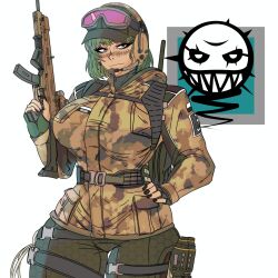 1girl baseball_cap breasts cz_scorpion_evo_3 ela_(rainbow_six_siege) gloves goggles goggles_on_headwear green_eyes green_hair gun hat headphones highres holding jacket master_dcj pants pr-15_ragun rainbow_six_siege short_hair weapon