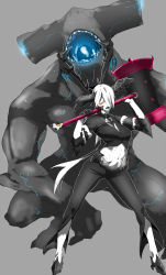 Rule 34 | 10s, 1girl, abs, abyssal ship, collar, commentary request, fins, formal, gills, gloves, glowing, glowing eyes, glowing mouth, hammer, height difference, high heels, kantai collection, midriff, monster, monster girl, navel, orange eyes, original, over shoulder, pant suit, pants, personification, saliva, shark, size difference, sleeves rolled up, squatting, suit, teeth, toned, torichamaru, weapon, weapon over shoulder, white hair