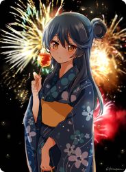 Rule 34 | 1girl, asymmetrical hair, bad id, bad twitter id, blue hair, blue kimono, blush, candy apple, commentary request, festival, fireworks, floral print, food, hair between eyes, hair bun, holding, japanese clothes, kimono, long hair, looking at viewer, love live!, love live! school idol festival, love live! school idol project, obi, one side up, purin (purin0), sash, side bun, single hair bun, single side bun, sonoda umi, wide sleeves, yellow eyes, yukata