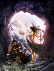 Rule 34 | 1boy, 1girl, armor, barefoot, beard, blood, cape, cave, clothed male nude female, cuts, deep wound, dirty, dirty feet, dreadlocks, facial hair, hair ornament, highres, injury, leaning to the side, mountain, muscular, nude, original, snow, standing, sword, tattoo, tribal, warrior, weapon