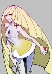 Rule 34 | 1girl, absurdres, bare arms, blonde hair, closed mouth, collarbone, creatures (company), dress, game freak, gem, green eyes, grey background, highres, hjz (artemi), holding, holding poke ball, impossible clothes, leggings, lips, long hair, lusamine (pokemon), mature female, multicolored hair, nintendo, no pupils, poke ball, pokemon, pokemon sm, purple hair, short dress, simple background, smile, solo, streaked hair, very long hair, white dress