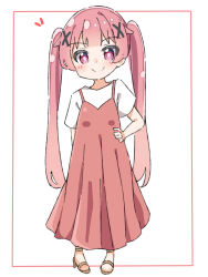 Rule 34 | 1girl, blush, brown footwear, closed mouth, commentary request, dress, full body, hair ornament, hand on own hip, high heels, highres, kapuru 0410, long hair, notice lines, pink hair, pleated dress, purple eyes, red background, red dress, sandals, shirt, short sleeves, sleeveless, sleeveless dress, smile, solo, tanemura koyori, twintails, two-tone background, very long hair, watashi ni tenshi ga maiorita!, white background, white shirt, x hair ornament