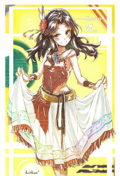 Rule 34 | 1girl, ariura kanna, belt, brown eyes, brown hair, camisole, commentary request, cropped legs, curtsey, feather hair ornament, feathers, flower, fringe trim, feather hair ornament, hair flower, hair ornament, idolmaster, idolmaster cinderella girls, jewelry, kokku-san, long hair, long skirt, looking at viewer, necklace, pendant, skirt, skirt hold, smile, solo, wristband