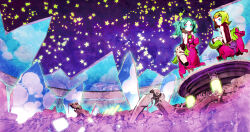 Rule 34 | 2girls, album cover, alternate costume, aqua eyes, aqua hair, black gloves, black shirt, black socks, blue eyes, broken ceiling, carousel, closed mouth, commentary request, cover, expressionless, from below, gloves, goggles, goggles on head, green hair, gumi, hatsune miku, head rest, highres, medium hair, miwa shirow, monitor, multiple girls, orange-tinted eyewear, over-kneehighs, parted bangs, purple sky, riding, robot, shirt, shorts, sitting, skirt, sky, sleeveless, sleeveless turtleneck, socks, star (sky), star (symbol), starry sky, thighhighs, tinted eyewear, turtleneck, twintails, vocaloid, white shorts, white skirt, wide shot, wreckage