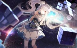 Rule 34 | 1girl, ajahweea, dress, hair ornament, highres, long hair, one eye closed, original, rubik&#039;s cube, silver hair, smile, solo, strapless, strapless dress, twintails, yellow eyes