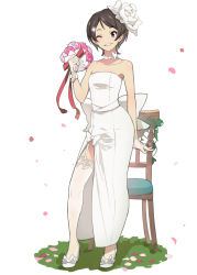 Rule 34 | 1girl, bare shoulders, blue eyes, bouquet, bow, brown hair, chair, choker, collarbone, dress, flower, full body, garter straps, gloves, gridman universe, hair flower, hair ornament, hide (hideout), high heels, highres, namiko, one eye closed, parted lips, petals, ribbon, shoes, short hair, side slit, smile, solo, ssss.gridman, thighhighs, wedding dress, white dress, white footwear, white gloves, white thighhighs