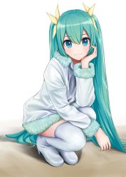 Rule 34 | 1girl, :3, absurdres, aqua hair, arm support, bad id, bad pixiv id, blue eyes, coat, commentary, full body, fur-trimmed coat, fur trim, hair ornament, hatsune miku, head rest, high heels, highres, long hair, looking at viewer, nekoinu bamboo, smile, solo, squatting, thighhighs, twintails, very long hair, vocaloid, white background, white coat, white thighhighs