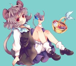 Rule 34 | &gt; &lt;, 1girl, ahoge, animal, animal ear fluff, animal ears, arm up, basket, black footwear, black skirt, black vest, bloomers, blue background, blue capelet, blue ribbon, blush, bobby socks, capelet, closed mouth, dot nose, eyelashes, gold trim, grey hair, holding, holding animal, jewelry, knees, legs, long sleeves, looking at viewer, mary janes, mouse (animal), mouse ears, mouse girl, mouse tail, nazrin, pendant, puffy sleeves, red eyes, ribbon, shirt, shoes, short hair, simple background, skirt, socks, solo, tail, tomobe kinuko, touhou, underwear, vest, whiskers, white shirt, white socks, wrist cuffs