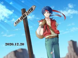 Rule 34 | 1boy, belt, blue hair, brown eyes, closed mouth, cloud, collarbone, dated, denim, full body, gloves, headband, highres, jeans, male focus, pants, red vest, rody roughnight, sakura linne, short hair, smile, solo, vest, wild arms, wild arms 1