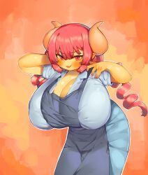 Rule 34 | 1girl, apron, black apron, blue pants, blue shirt, breasts, cleavage, cowboy shot, curled horns, drill hair, gradient background, horns, huge breasts, ilulu (maidragon), kobayashi-san chi no maidragon, leaning forward, looking at viewer, orange background, pants, pincerpencil, pink hair, pointy ears, red eyes, shirt, short sleeves, smile, solo, standing, twin drills