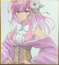 Rule 34 | 1girl, asukaru (magika ru), bow, bowtie, brown corset, buttons, center frills, collared shirt, corset, cross-laced clothes, dot nose, flower, frilled shirt, frilled sleeves, frills, hair flower, hair ornament, hair ribbon, hands on own hips, highres, japanese clothes, kimono, leaf, long sleeves, looking at viewer, magia record: mahou shoujo madoka magica gaiden, mahou shoujo madoka magica, medium hair, off shoulder, pink eyes, pink hair, pink shirt, purple kimono, ribbon, see-through, see-through sleeves, shirt, short sleeves, simple background, smile, solo, split mouth, tokiwa nanaka, traditional media, white background, white bow, white bowtie, white flower, white ribbon, white sleeves