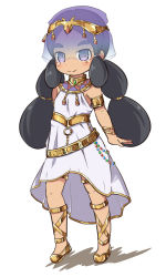 Rule 34 | 1girl, armlet, black hair, blush, bracelet, brown footwear, closed mouth, colored shadow, creatures (company), dress, full body, game freak, hapu (pokemon), island kahuna, jewelry, long hair, low twintails, nekono rin, nintendo, pokemon, pokemon sm, purple eyes, see-through, shadow, shoes, sleeveless, sleeveless dress, smile, solo, standing, thick eyebrows, twintails, veil, very long hair, white background, white dress